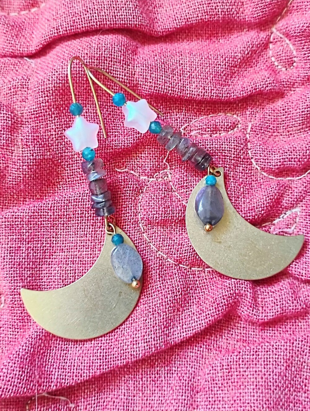 Labradorite + Blue Apatite Moon and Star Drop Earrings - Handmade